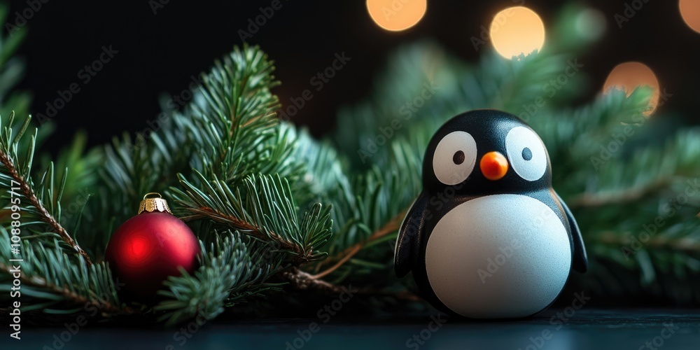 Poster perspective of christmas decorations. christmas items include a penguin toy and a fir tree branch, w