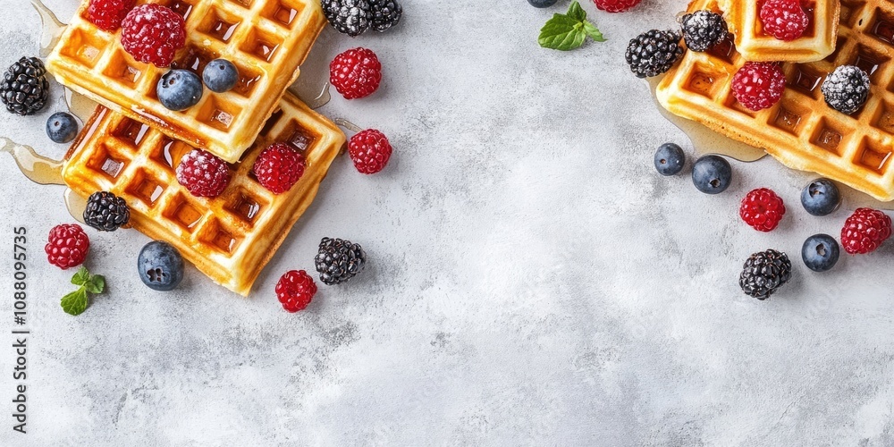 Poster homemade belgian waffles topped with berries and honey, set against a concrete background with copy 