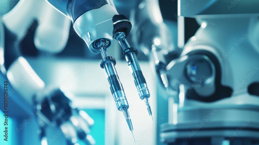 Poster a detailed shot of a robotic surgical arm performing a delicate surgical procedure with precision in