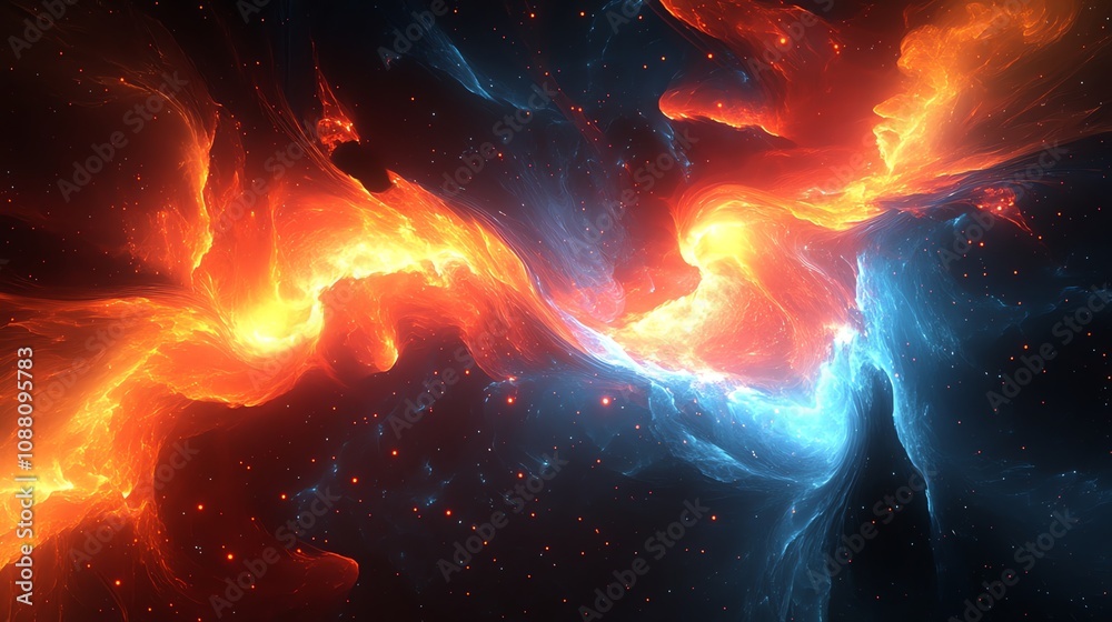 Poster abstract swirling fiery and icy nebula in space.