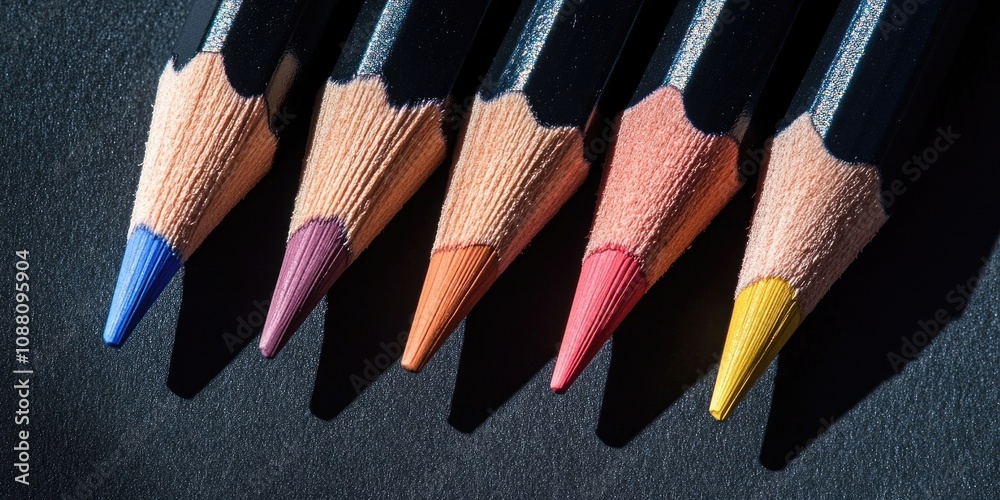Poster five color pencils isolated with their shadows.
