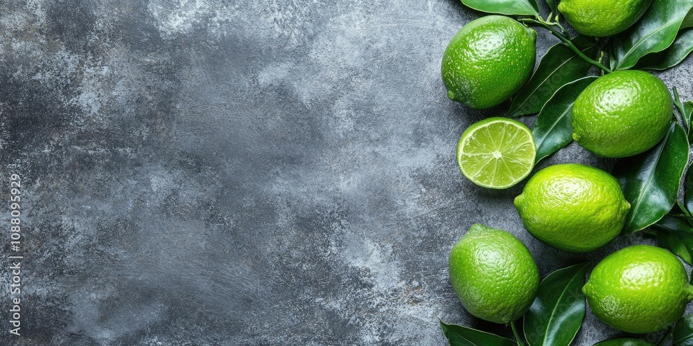 Poster concrete background featuring juicy limes. top view with copyspace.