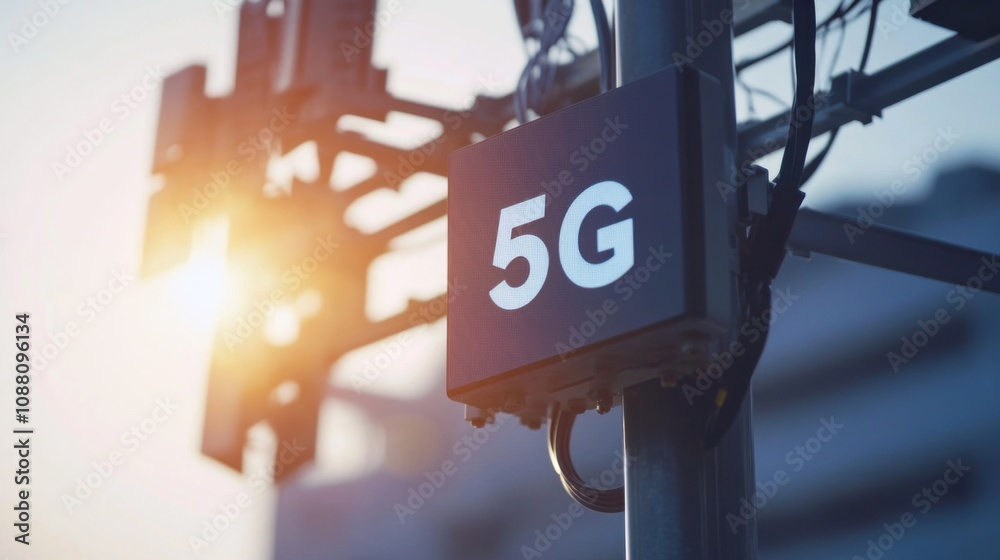 Poster A detailed view of a 5G small cell antenna array, facilitating high-speed wireless communication in urban areas, 5G technology style
