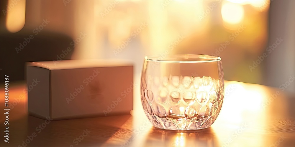Poster close-up of a glass cup with a blurred delicate box in the background and copyspace.