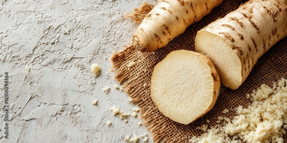 Poster image of horseradish root with a slice placed on burlap, accompanied by white space.