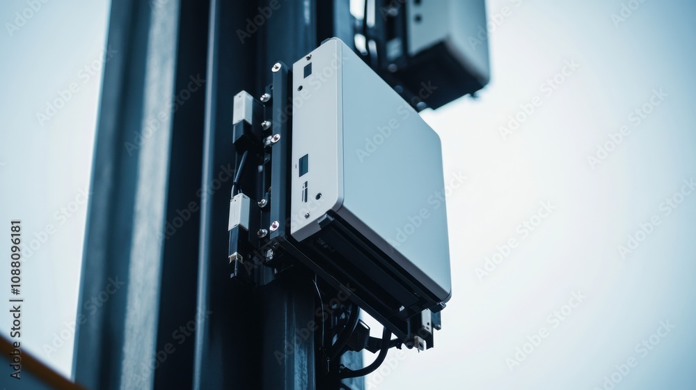 Poster A detailed view of a 5G small cell antenna array, facilitating high-speed wireless communication in urban areas, 5G technology style