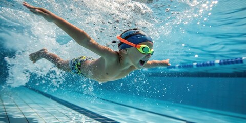 Happy child swimming underwater in a pool with goggles and a swim cap, enjoying water sports and practicing swimming techniques