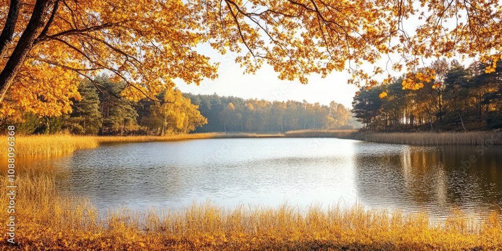 Poster autumn scenery featuring a reservoir amidst golden foliage. natural backdrop with copyspace for text
