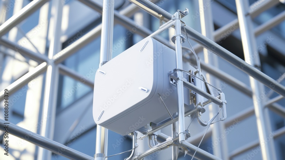 Aufkleber A detailed view of a 5G small cell antenna array, facilitating high-speed wireless communication in urban areas, 5G technology style