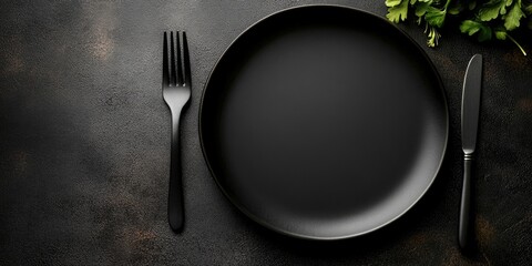 A black blank plate accompanied by a fork and knife on a dark backdrop. Kitchen restaurant event invitation, panoramic image.