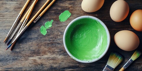 Top view of a bowl of green watercolor paint alongside chicken eggs and paintbrushes on a wooden table.