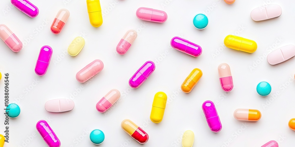 Poster color capsules. medicine pills on a white background in a top view pattern with copy space.