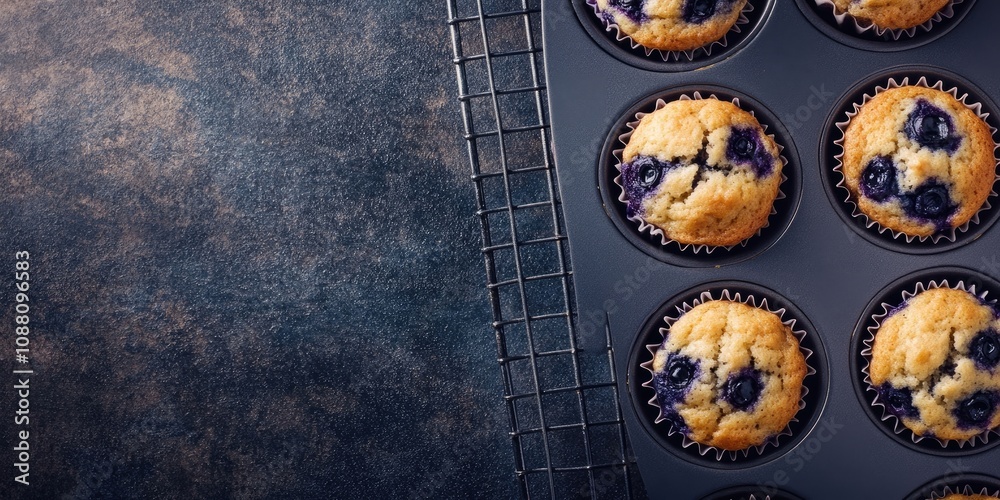 Poster overhead close-up of blueberry muffins in a nonstick cupcake tin placed on a wire cooling rack, with