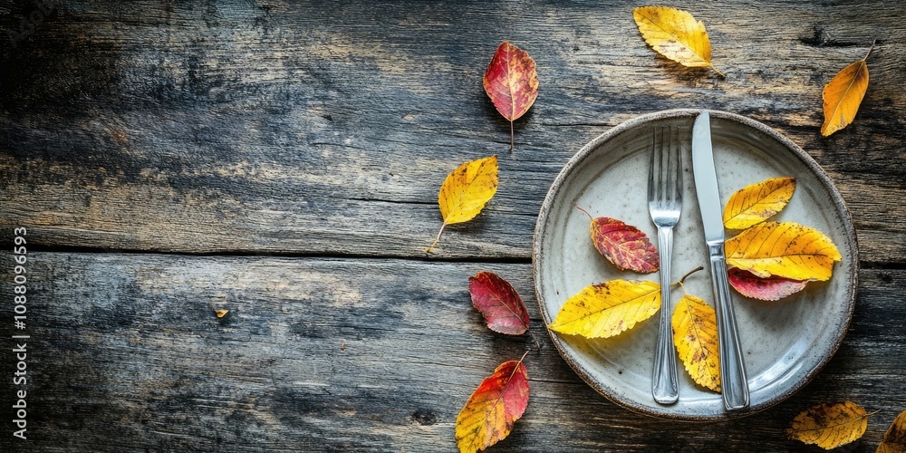 Poster Autumnal table setting featuring yellow and red leaves on a rustic backdrop with copy space.