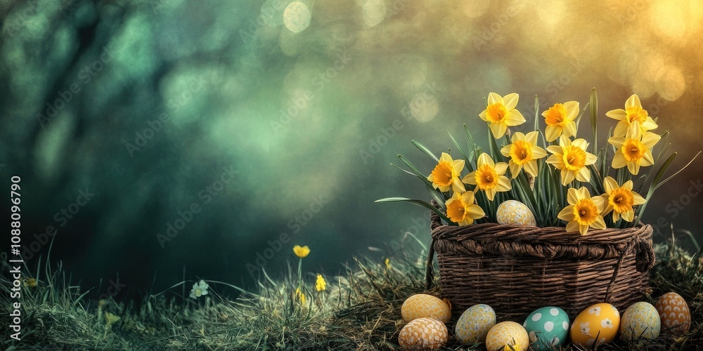 Aufkleber spring easter backdrop featuring daffodils and easter eggs in a basket.