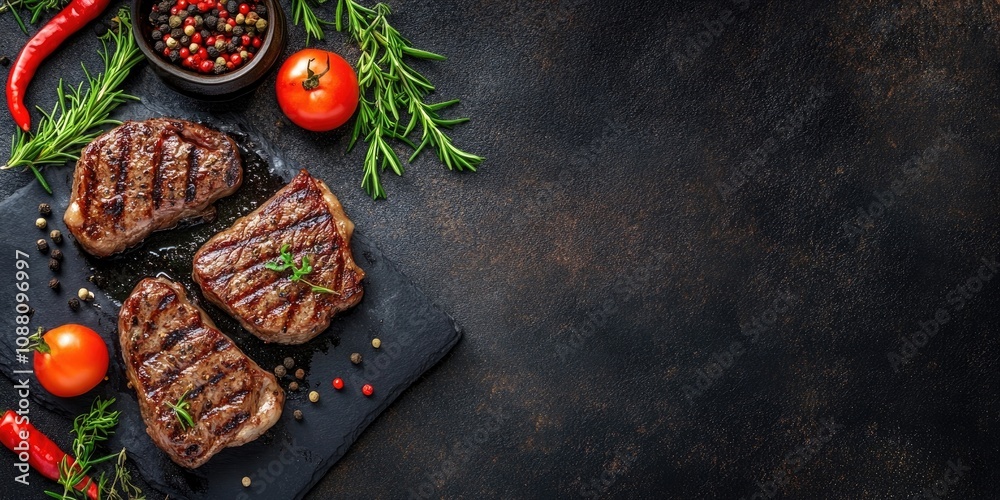 Poster grilled cowboy beef steak with herbs and spices on a dark stone background. barbecue. top view. copy