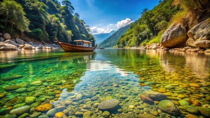 Macro Photography of Dawki River in Meghalaya, India - Serene Boat Scene with Crystal Clear Waters and Lush Surroundings