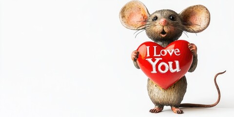 Adorable vintage mouse bobblehead toy grasping a large red heart and an "I Love You" sign. Isolated on a white background with room for copyspace.