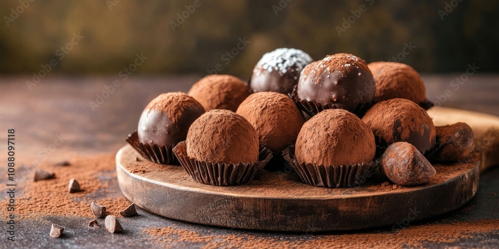 Poster chocolate truffles with cocoa arranged on a wooden plate on a table against a dark background. copy 