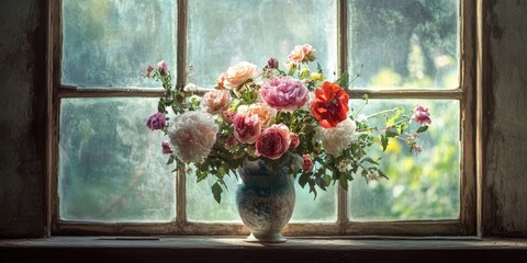 A bouquet of flowers in front of an antique vintage window.