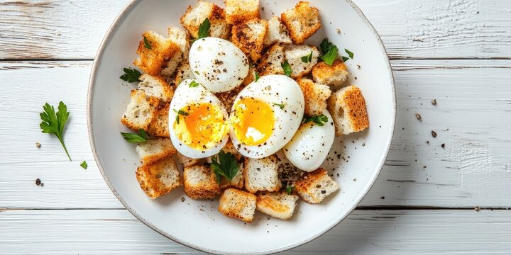 Nutritious meal. English breakfast featuring a boiled egg and croutons on a white wooden background.