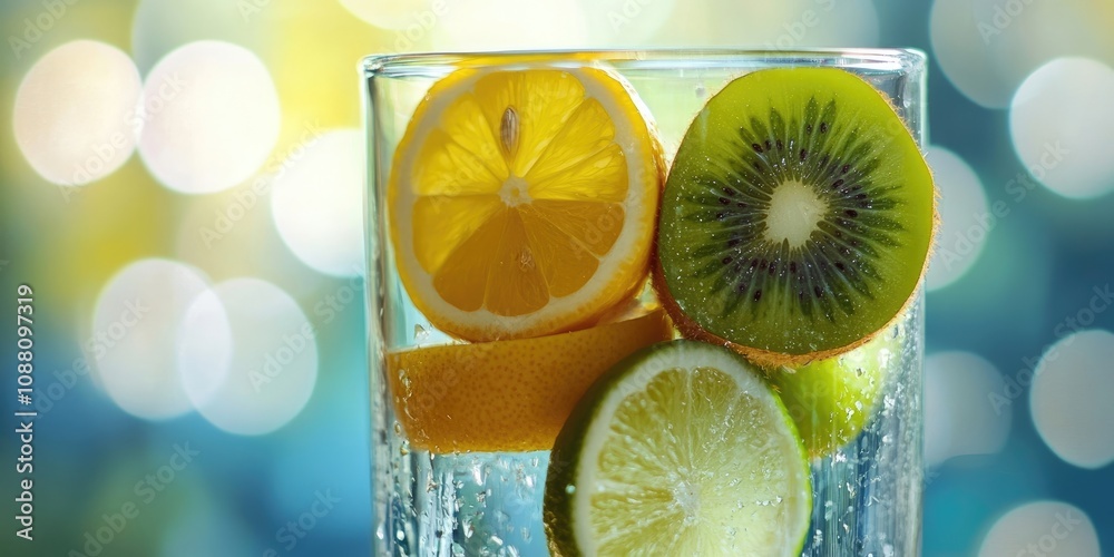 Poster Sliced lemon alongside lime and kiwi rests on a glass vase with a citrus-themed background in macro photography.