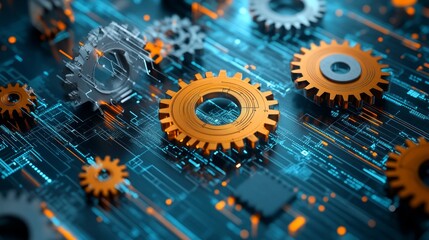 Interlocking gears on a circuit board, representing complex systems and technology.