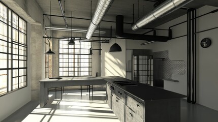 Fototapeta premium Modern Industrial Loft Kitchen Design Sunlight Streaming
