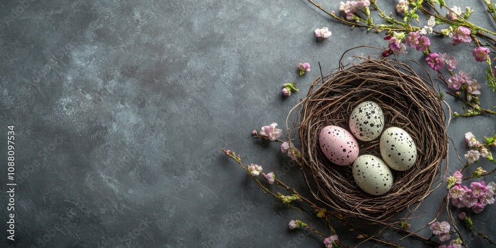 Poster Easter eggs in a nest on a grey background. Easter backdrop featuring eggs and spring flowers. Top view with copyspace.