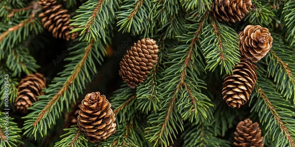 Leinwandbilder green spruce branches with needles and numerous cones in winter. many cones on the spruce tree. fir 