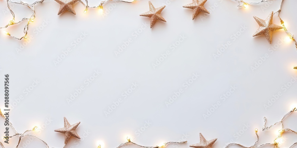 Poster christmas frame featuring star-shaped light garlands on a white background with copy space. flat lay