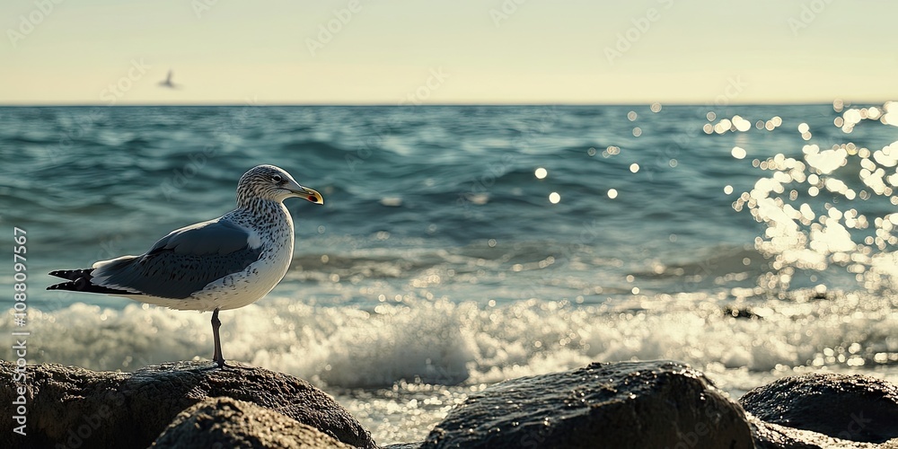 Aufkleber a seagull is positioned in front of the ocean, which appears dirty. it's a summer day.