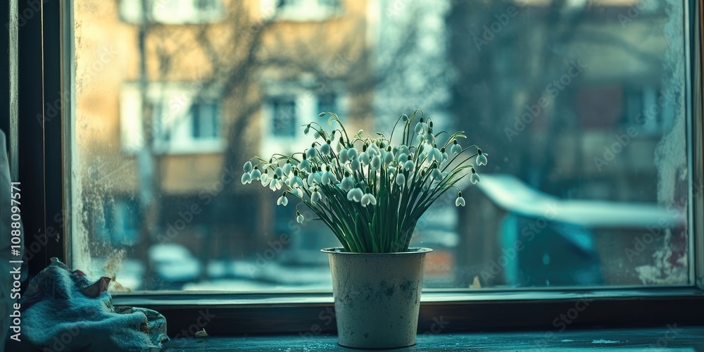 Aufkleber Bouquet of snowdrops and a mass-produced tree toy in the window.