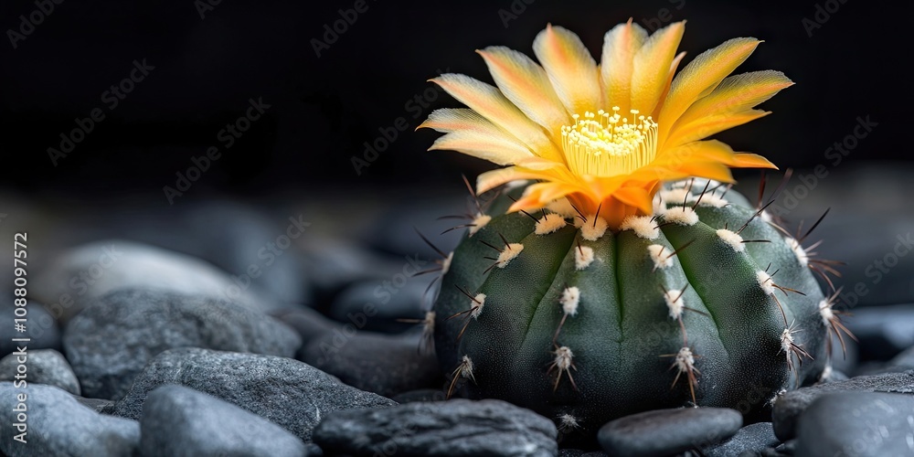 Poster astrophytum asterias type v is a variety of cactus. it features a blooming yellow flower on a black 