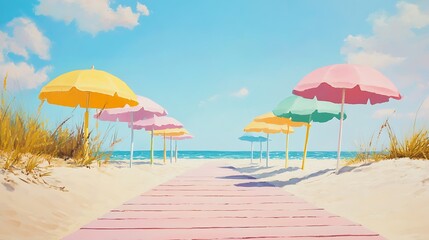 Fototapeta premium Pastel umbrellas line a pink boardwalk leading to a tranquil beach.