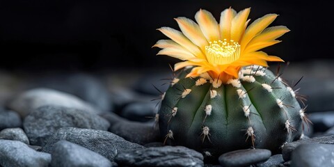 Astrophytum asterias Type V is a variety of cactus. It features a blooming yellow flower on a black stone. Vertical image, copyspace for text. Advertising concept ideas.