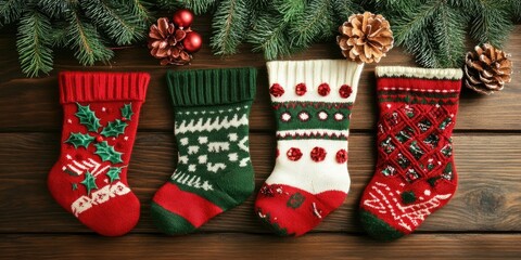 Christmas socks with embellishments on a wooden surface