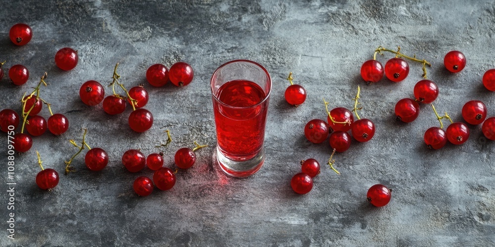 Aufkleber red currant in a shot glass, with the rest spread out around it on a gray textured backdrop.