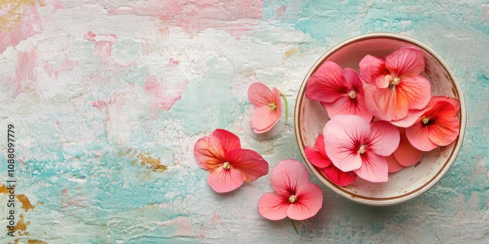 Poster begonia flowers rest in a cup on a textured background. flat lay.