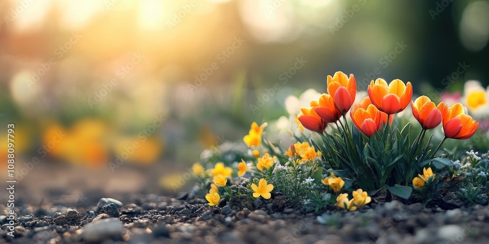 Poster Floral background for summer and spring. Vibrant artistic image with ample copy space. Close-up of spring flowers on the ground.