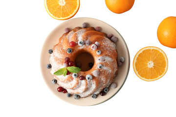 PNG, Christmas cake, cake in a plate, top view, isolated on white background.
