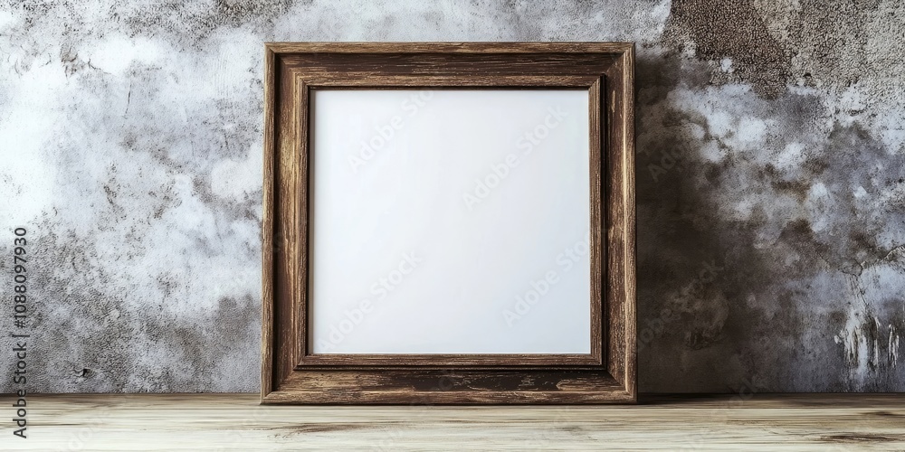 Poster empty picture frame on wooden surface - frame canvas on wall