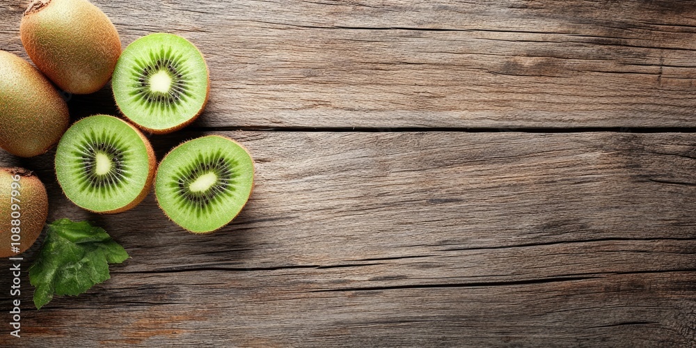 Leinwandbilder close-up and top view image of fresh kiwi fruit with a slice on a wooden background with copyspace.
