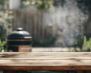 Obraz premium A wooden table in a garden with a smoky grill in the background, suggesting outdoor cooking.