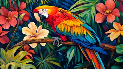 Obraz premium A brightly colored macaw perched on a branch, with tropical leaves and flowers in the background.