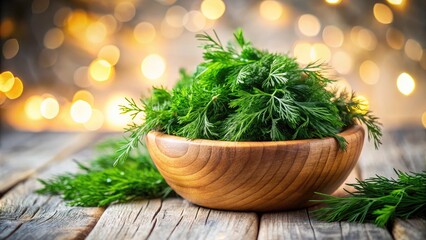 Fresh Culinary Herbs in a Wooden Bowl - Dill and Thyme on White Background for Cooking and Food Photography