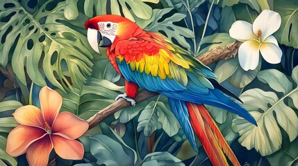 Fototapeta premium A brightly colored macaw perched on a branch, with tropical leaves and flowers in the background.