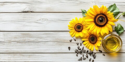 Obraz premium Sunflower oil, seeds, and flowers on a light wooden background. Top view with copy space.