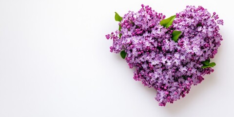 Fototapeta premium A heart-shaped arrangement of lilac branches and flowers on a white background, top view, flat lay, copy space for Easter, Mother's Day, and Women's Day.