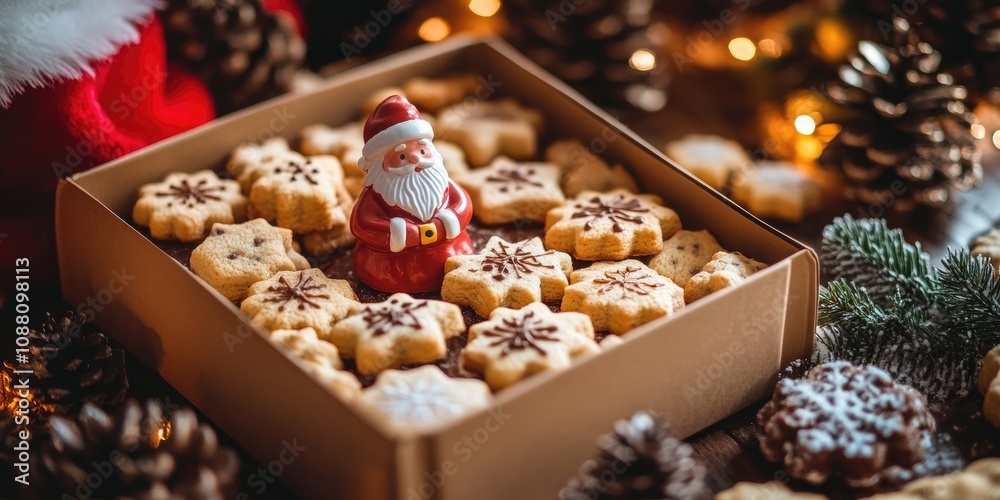 Poster high angle view of christmas cookies in a ceramic box with a santa claus figure on the table.